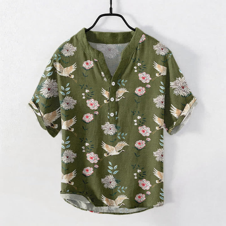 Buddha Stones Camisa de manga corta con medio botón y estampado floral de grullas de algodón para hombre - Verde oliva oscuro - US/UK/AU50, EU60 (5XL) - image 5