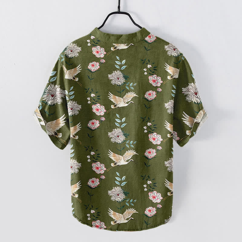 Buddha Stones Camisa de manga corta con medio botón y estampado floral de grullas de algodón para hombre - image 6