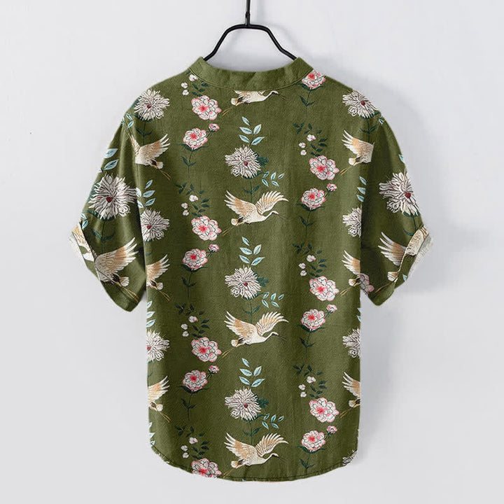 Buddha Stones Camisa de manga corta con medio botón y estampado floral de grullas de algodón para hombre - image 6