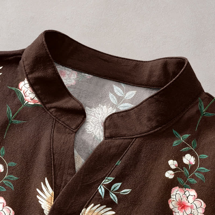 Buddha Stones Camisa de manga corta con medio botón y estampado floral de grullas de algodón para hombre - image 12