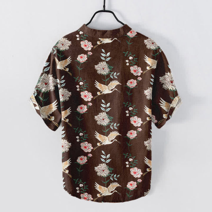 Buddha Stones Camisa de manga corta con medio botón y estampado floral de grullas de algodón para hombre - image 11