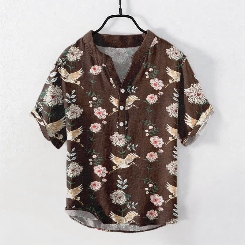 Buddha Stones Camisa de manga corta con medio botón y estampado floral de grullas de algodón para hombre - Marrón silla de montar - US/UK/AU50, EU60 (5XL) - image 10