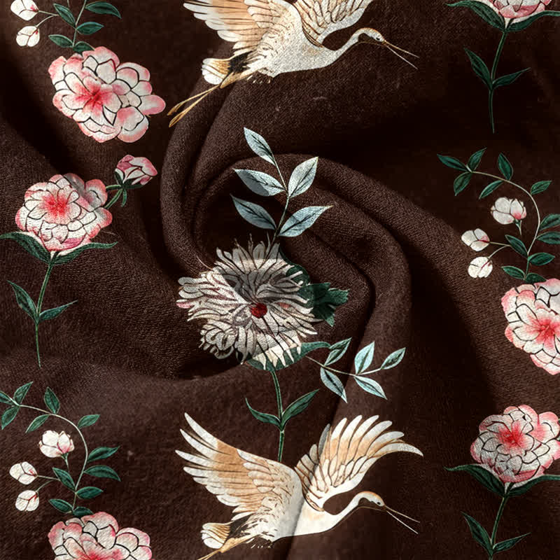 Buddha Stones Camisa de manga corta con medio botón y estampado floral de grullas de algodón para hombre - image 14
