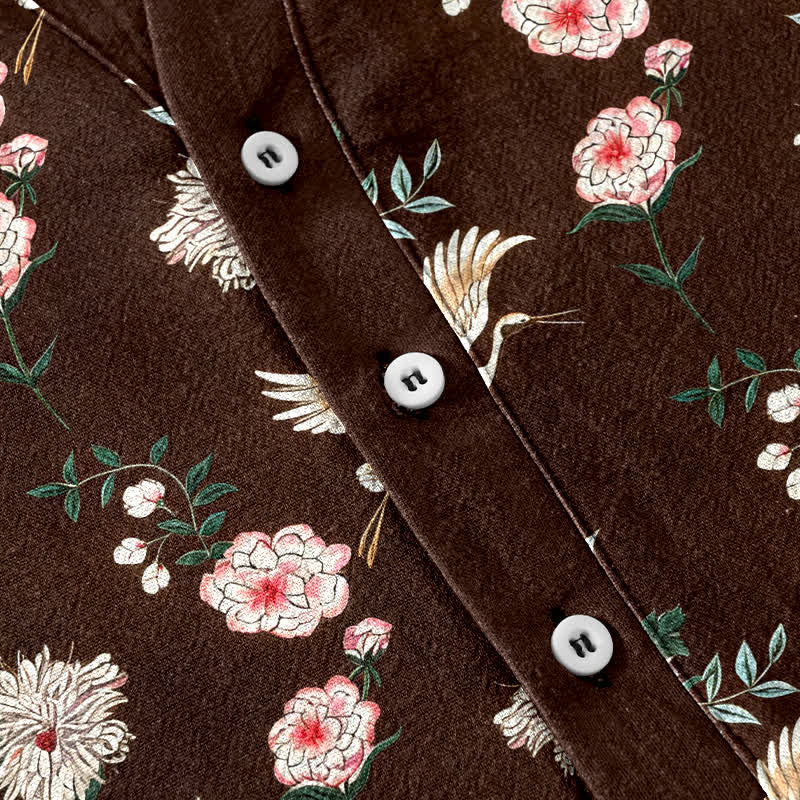 Buddha Stones Camisa de manga corta con medio botón y estampado floral de grullas de algodón para hombre - image 13
