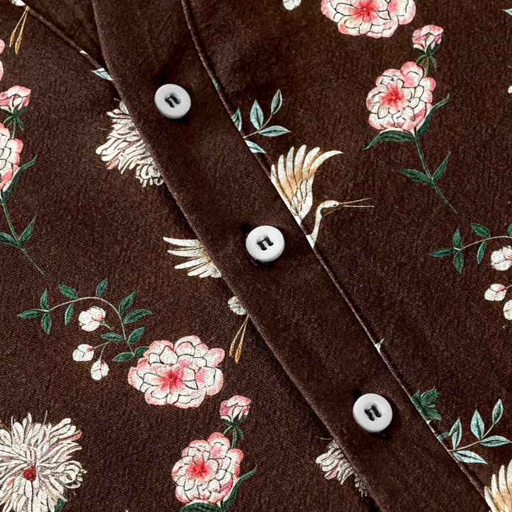 Buddha Stones Camisa de manga corta con medio botón y estampado floral de grullas de algodón para hombre - image 13