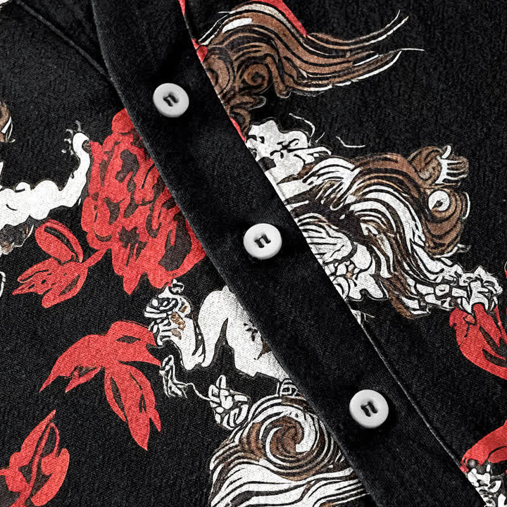Buddha Stones Camisa Henley de manga corta con medio botón y estampado floral rojo de algodón para hombre. - image 3