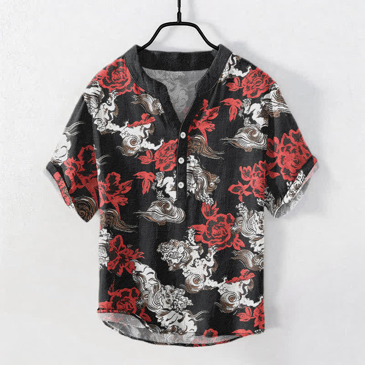 Buddha Stones Camisa Henley de manga corta con medio botón y estampado floral rojo de algodón para hombre. - Negro - US/UK/AU50, EU60 (5XL) - image 0