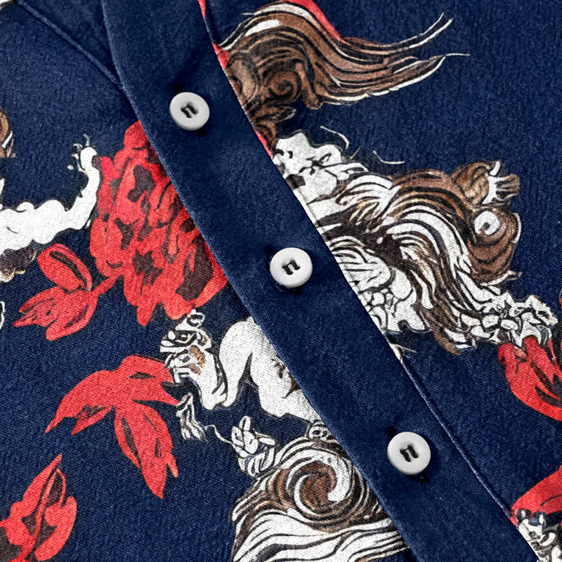 Buddha Stones Camisa Henley de manga corta con medio botón y estampado floral rojo de algodón para hombre. - image 8