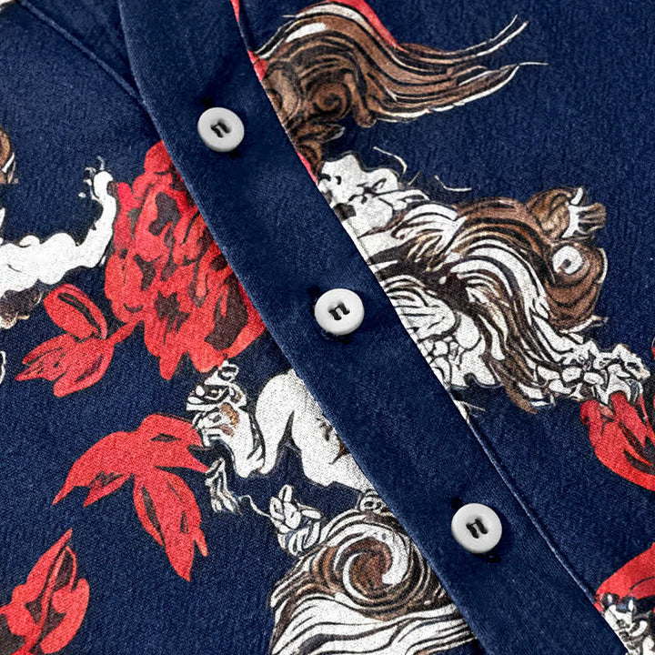 Buddha Stones Camisa Henley de manga corta con medio botón y estampado floral rojo de algodón para hombre. - image 8
