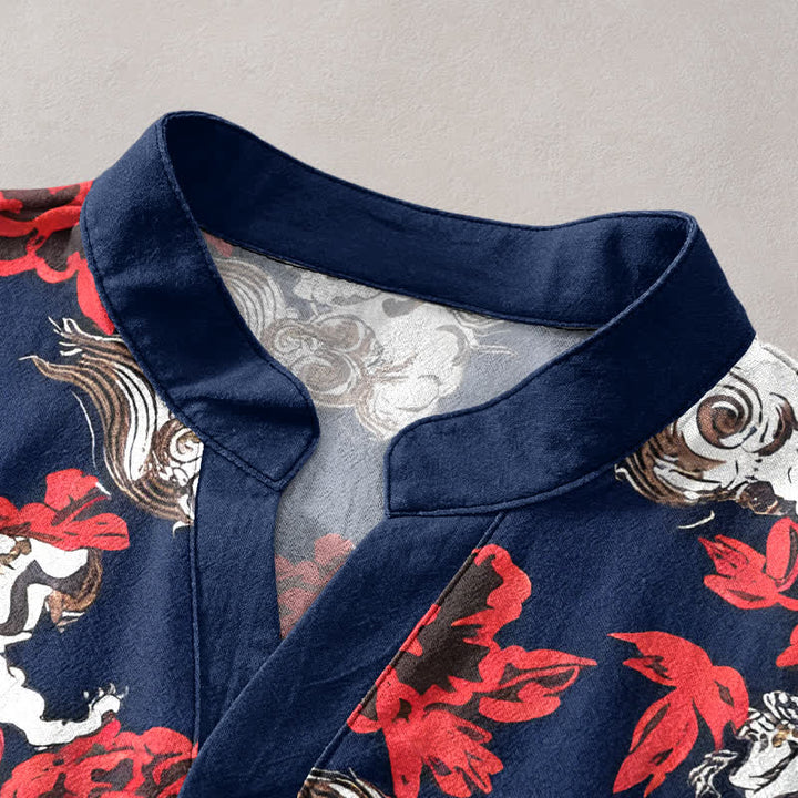 Buddha Stones Camisa Henley de manga corta con medio botón y estampado floral rojo de algodón para hombre. - image 7