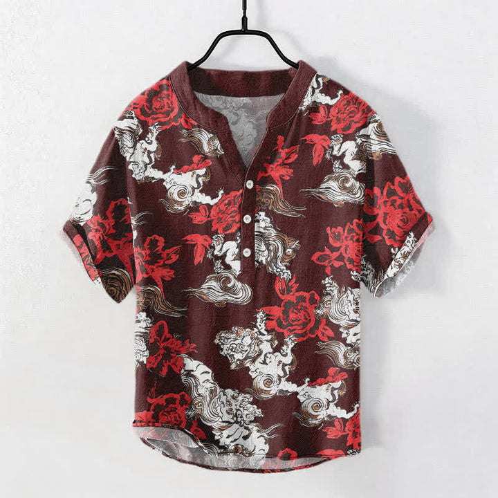 Buddha Stones Camisa Henley de manga corta con medio botón y estampado floral rojo de algodón para hombre. - Rojo oscuro - US/UK/AU50, EU60 (5XL) - image 10