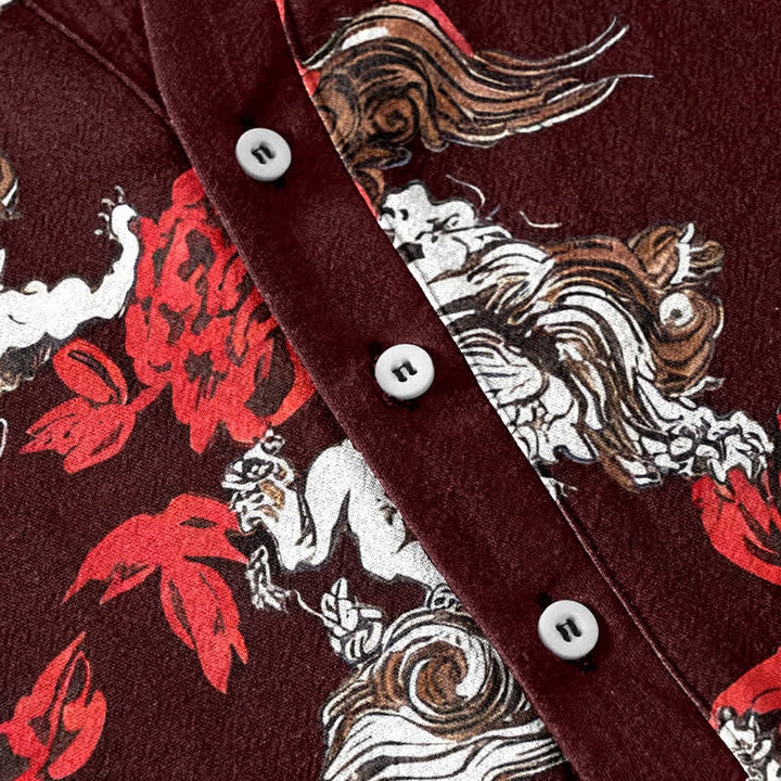 Buddha Stones Camisa Henley de manga corta con medio botón y estampado floral rojo de algodón para hombre. - image 13
