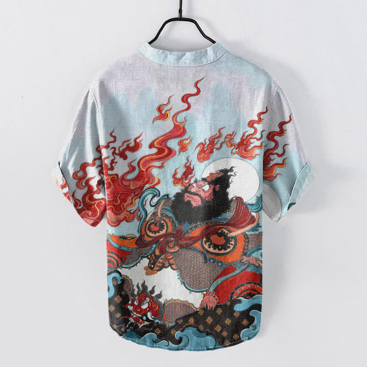 Buddha Stones Camisa de manga corta con medio botón y estampado Mythic Flame para hombre, de algodón. - image 1