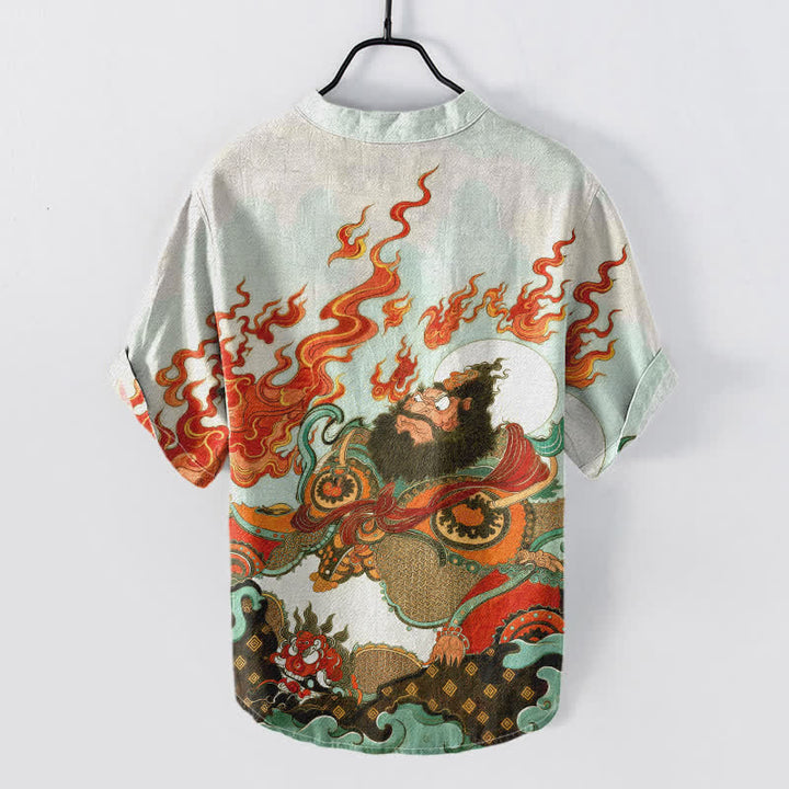 Buddha Stones Camisa de manga corta con medio botón y estampado Mythic Flame para hombre, de algodón. - image 6