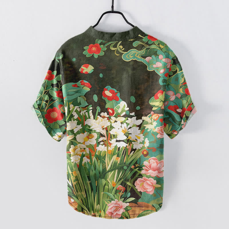 Buddha Stones Camisa de manga corta con medio botón y estampado floral tropical de algodón para hombre - image 1
