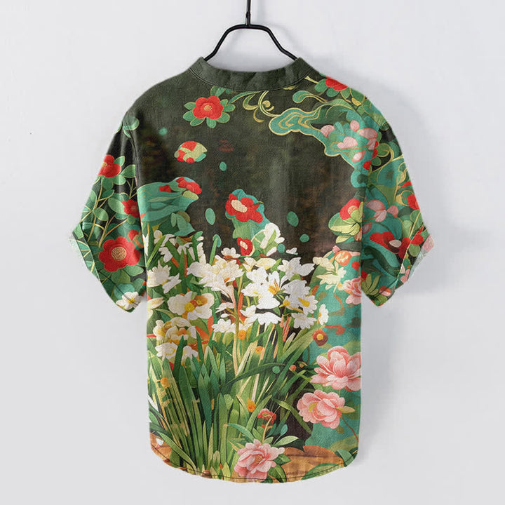 Buddha Stones Camisa de manga corta con medio botón y estampado floral tropical de algodón para hombre - image 1