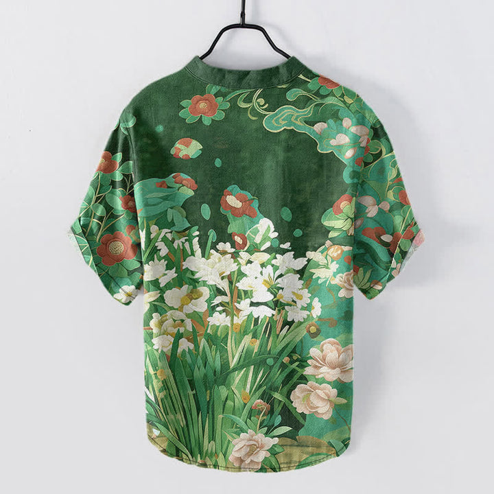Buddha Stones Camisa de manga corta con medio botón y estampado floral tropical de algodón para hombre - image 6