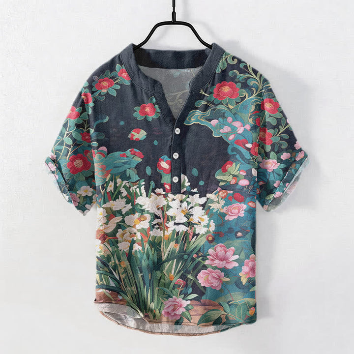 Buddha Stones Camisa de manga corta con medio botón y estampado floral tropical de algodón para hombre - Gris pizarra oscuro - US/UK/AU50, EU60 (5XL) - image 7