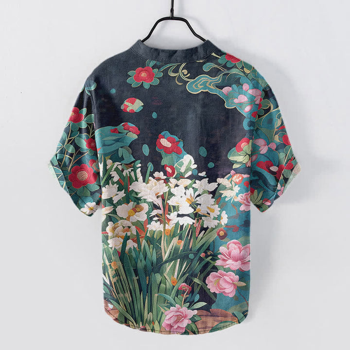 Buddha Stones Camisa de manga corta con medio botón y estampado floral tropical de algodón para hombre - image 8