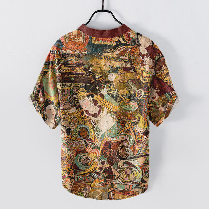 Buddha Stones Camisa de manga corta con medio botón y estampado de retrato para hombre, de algodón. - image 1