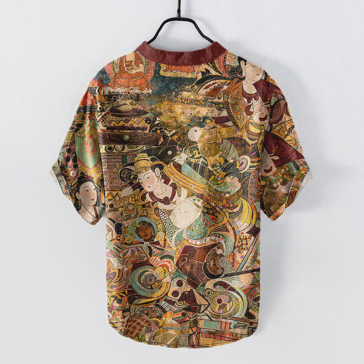 Buddha Stones Camisa de manga corta con medio botón y estampado de retrato para hombre, de algodón. - image 1