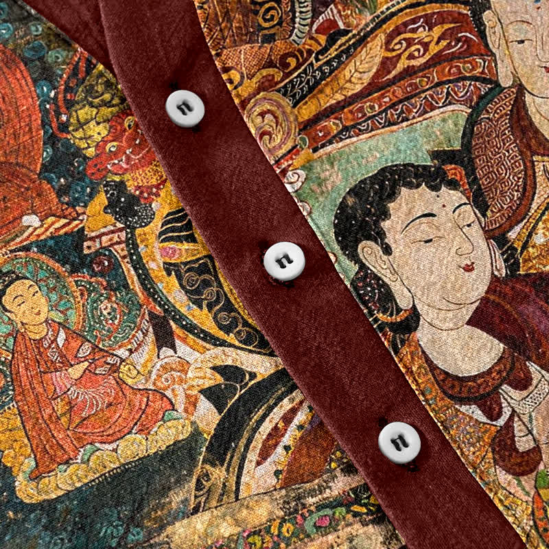 Buddha Stones Camisa de manga corta con medio botón y estampado de retrato para hombre, de algodón. - image 3