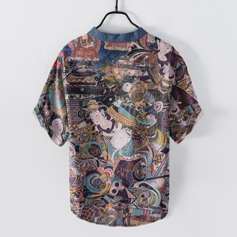 Buddha Stones Camisa de manga corta con medio botón y estampado de retrato para hombre, de algodón. - image 6