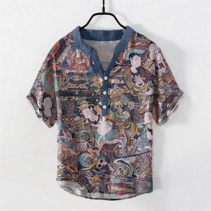 Buddha Stones Camisa de manga corta con medio botón y estampado de retrato para hombre, de algodón. - Azul acero - US/UK/AU50, EU60 (5XL) - image 5