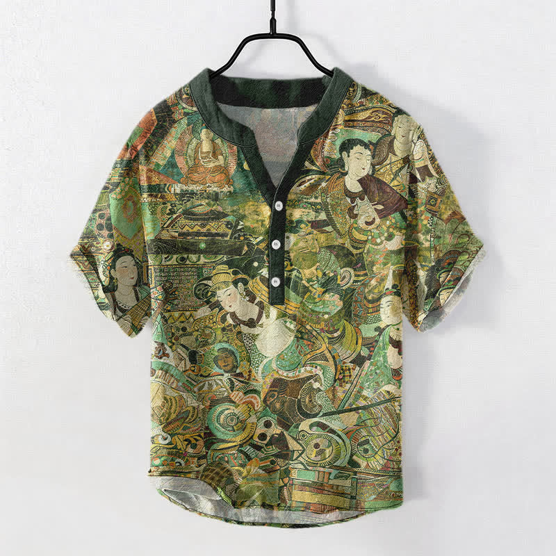 Buddha Stones Camisa de manga corta con medio botón y estampado de retrato para hombre, de algodón. - Verde oscuro - US/UK/AU50, EU60 (5XL) - image 7