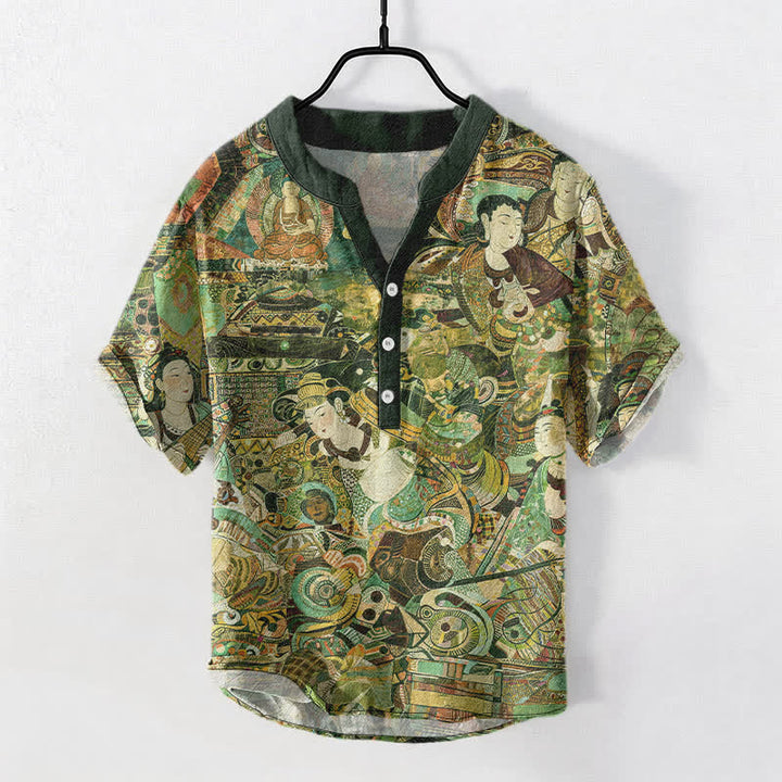 Buddha Stones Camisa de manga corta con medio botón y estampado de retrato para hombre, de algodón. - Verde oscuro - US/UK/AU50, EU60 (5XL) - image 7