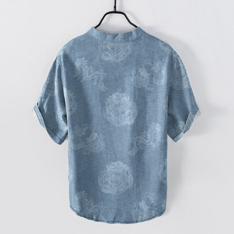 Buddha Stones Camisa de manga corta con medio botón y estampado de dragón de algodón para hombre - image 1