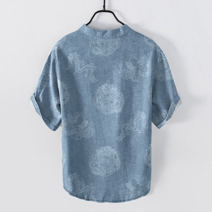 Buddha Stones Camisa de manga corta con medio botón y estampado de dragón de algodón para hombre - image 1