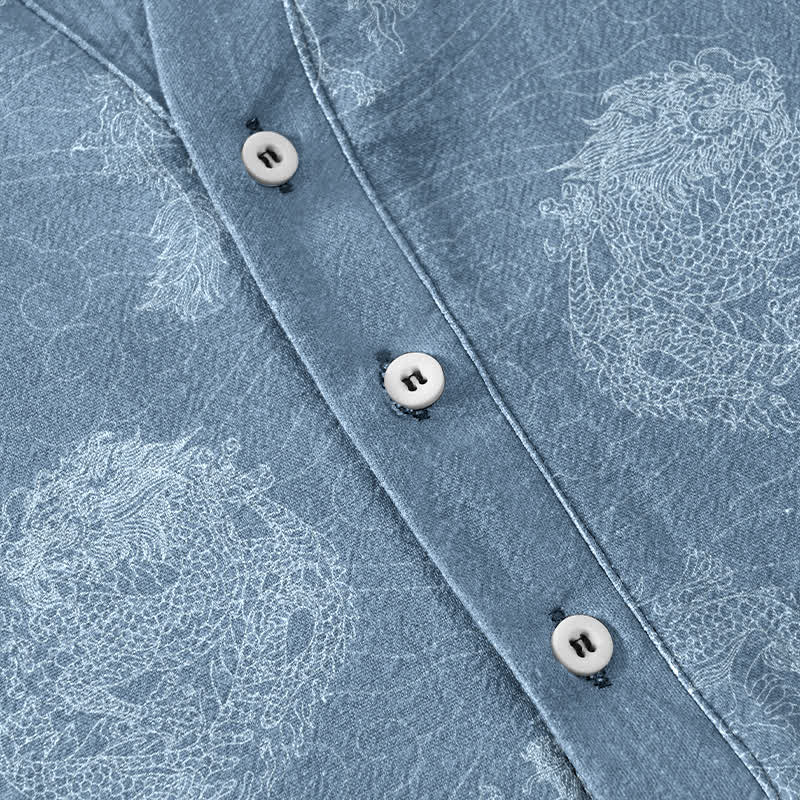 Buddha Stones Camisa de manga corta con medio botón y estampado de dragón de algodón para hombre - image 3