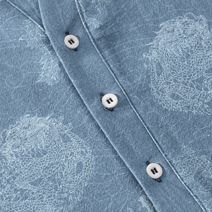 Buddha Stones Camisa de manga corta con medio botón y estampado de dragón de algodón para hombre - image 3