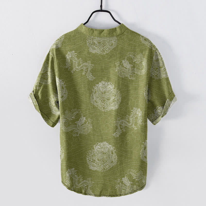 Buddha Stones Camisa de manga corta con medio botón y estampado de dragón de algodón para hombre - image 6