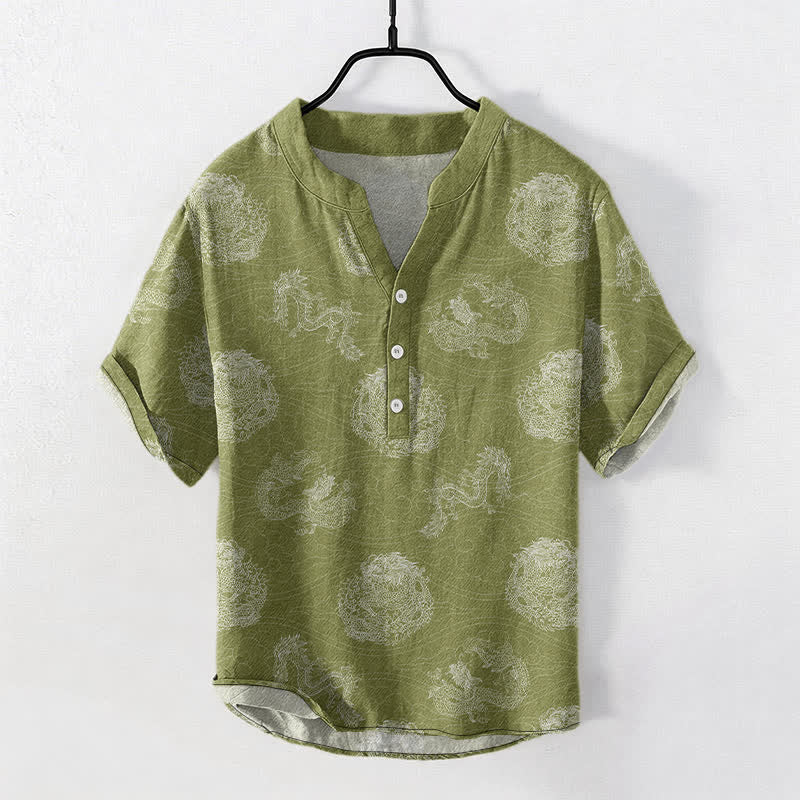 Buddha Stones Camisa de manga corta con medio botón y estampado de dragón de algodón para hombre - Verde amarillento - US/UK/AU50, EU60 (5XL) - image 5