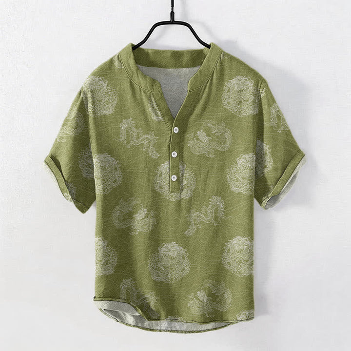 Buddha Stones Camisa de manga corta con medio botón y estampado de dragón de algodón para hombre - Verde amarillento - US/UK/AU50, EU60 (5XL) - image 5