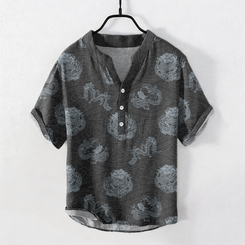 Buddha Stones Camisa de manga corta con medio botón y estampado de dragón de algodón para hombre - Gris oscuro - US/UK/AU50, EU60 (5XL) - image 7