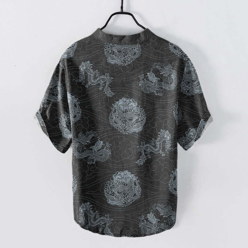 Buddha Stones Camisa de manga corta con medio botón y estampado de dragón de algodón para hombre - image 8
