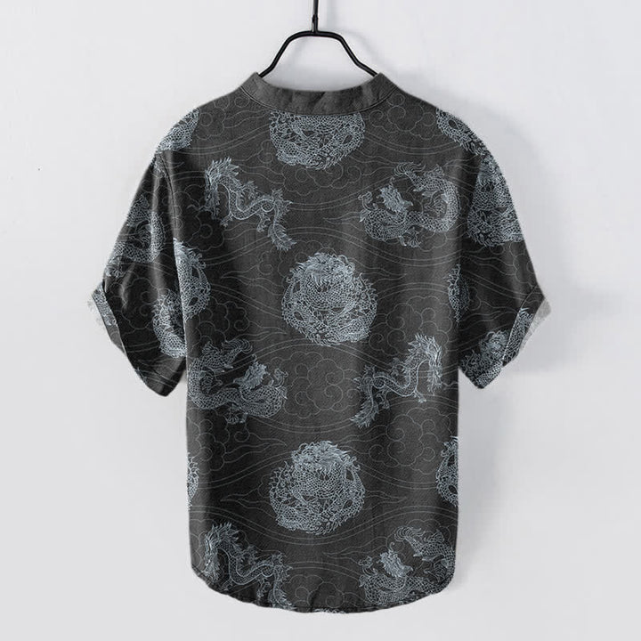 Buddha Stones Camisa de manga corta con medio botón y estampado de dragón de algodón para hombre - image 8