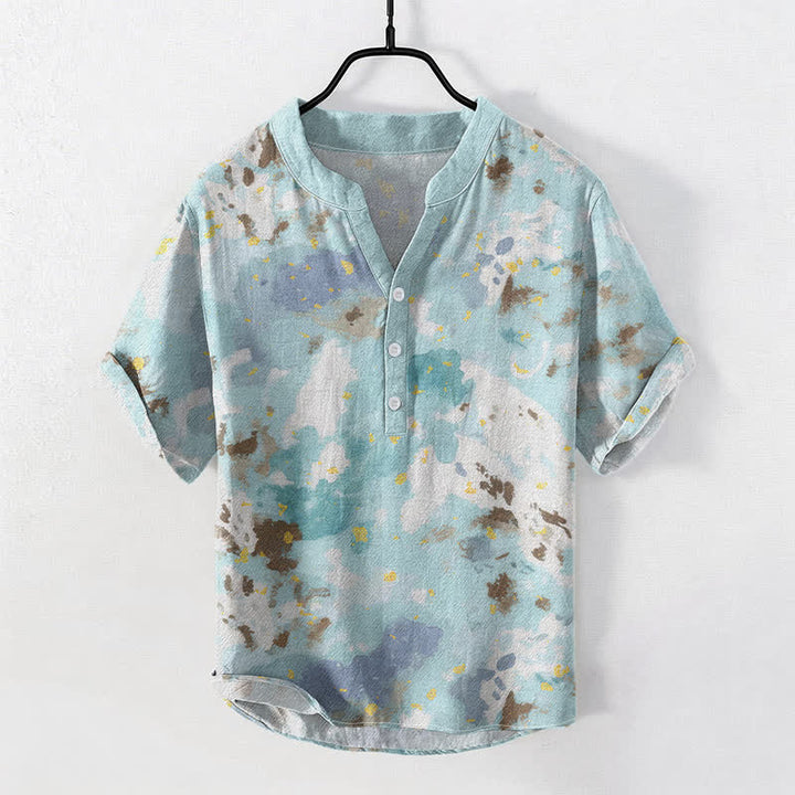 Buddha Stones Camisa de manga corta con medio botón y estampado de acuarela de algodón para hombre - Turquesa pálido - US/UK/AU50, EU60 (5XL) - image 0