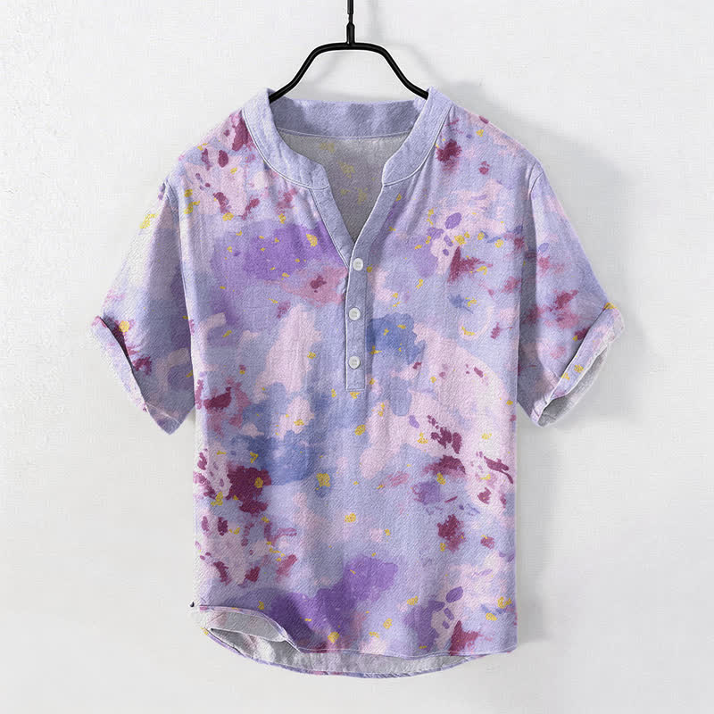 Buddha Stones Camisa de manga corta con medio botón y estampado de acuarela de algodón para hombre - Morado medio - US/UK/AU50, EU60 (5XL) - image 3