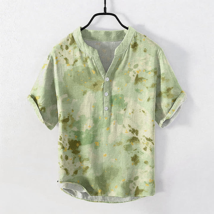 Buddha Stones Camisa de manga corta con medio botón y estampado de acuarela de algodón para hombre - Verde pálido - US/UK/AU50, EU60 (5XL) - image 5