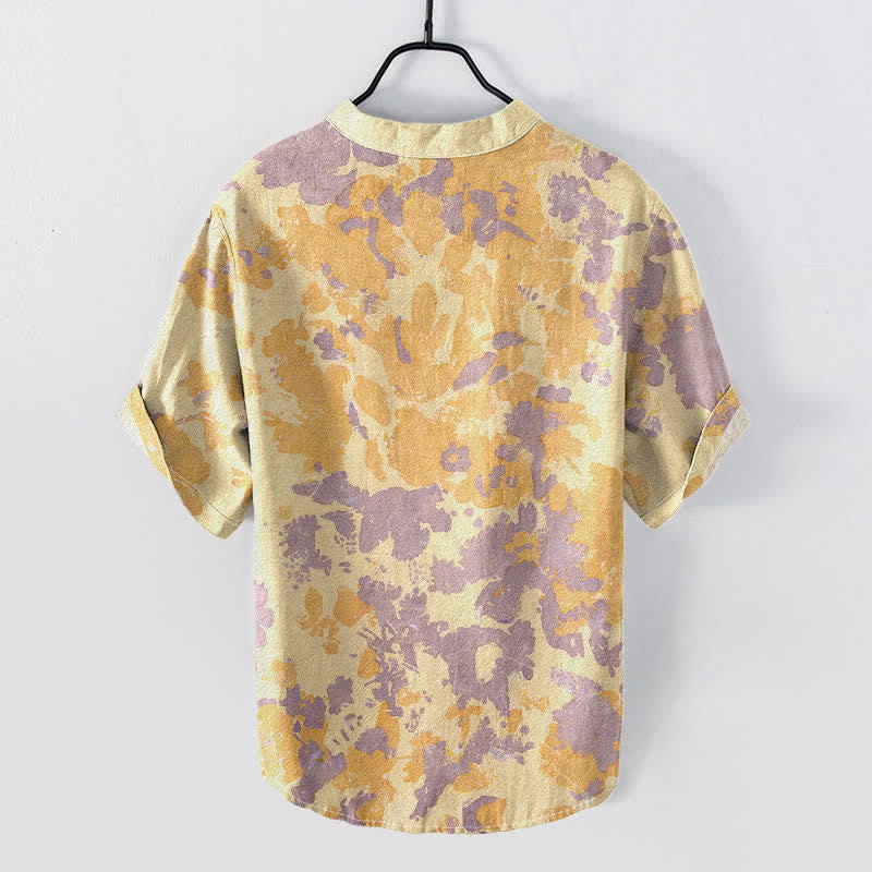 Buddha Stones Camisa Henley de algodón con estampado floral acuarela y manga corta con medio botón para hombre. - image 4