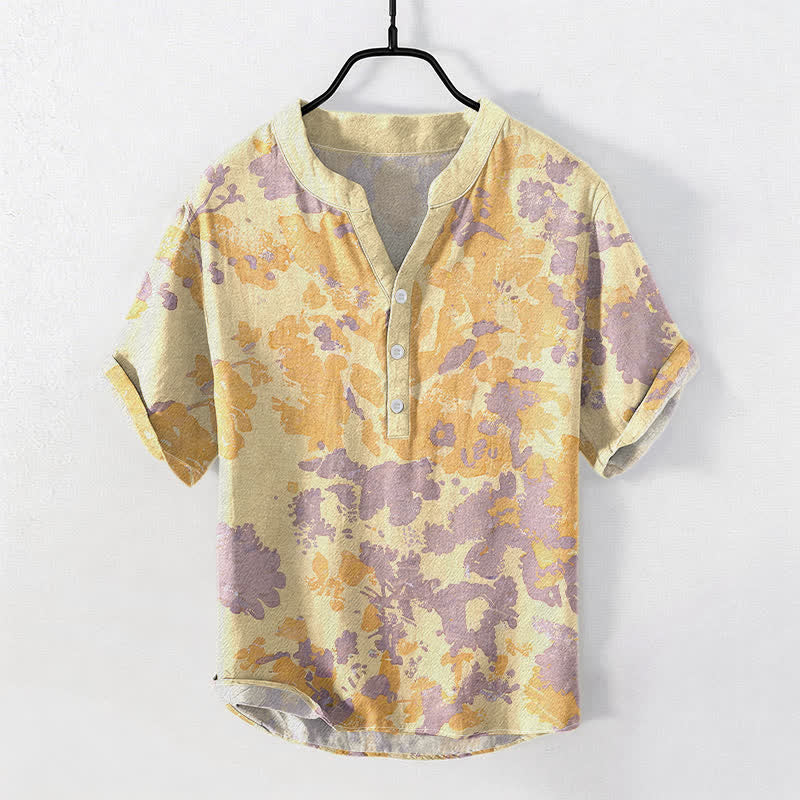 Buddha Stones Camisa Henley de algodón con estampado floral acuarela y manga corta con medio botón para hombre. - Caqui - US/UK/AU50, EU60 (5XL) - image 3