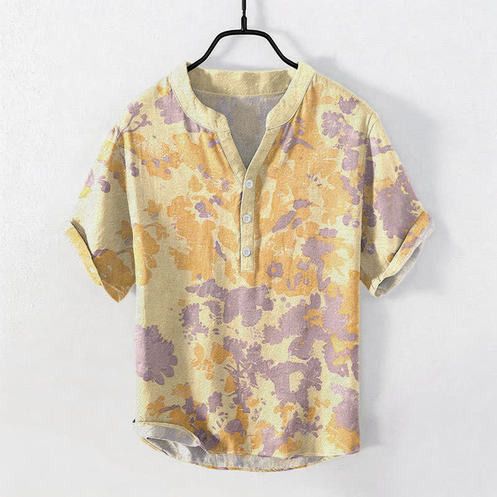 Buddha Stones Camisa Henley de algodón con estampado floral acuarela y manga corta con medio botón para hombre. - Caqui - US/UK/AU50, EU60 (5XL) - image 3