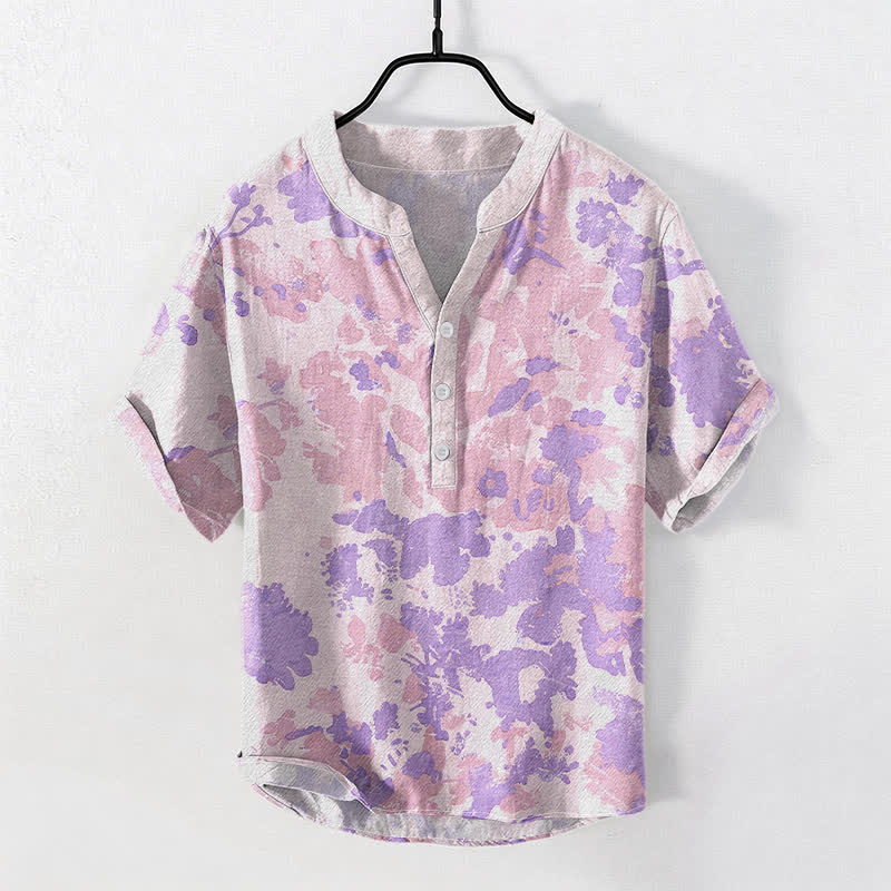 Buddha Stones Camisa Henley de algodón con estampado floral acuarela y manga corta con medio botón para hombre. - Cardo - US/UK/AU50, EU60 (5XL) - image 5