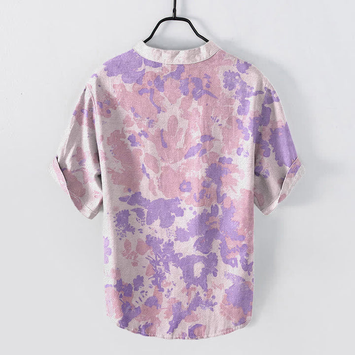 Buddha Stones Camisa Henley de algodón con estampado floral acuarela y manga corta con medio botón para hombre. - image 6