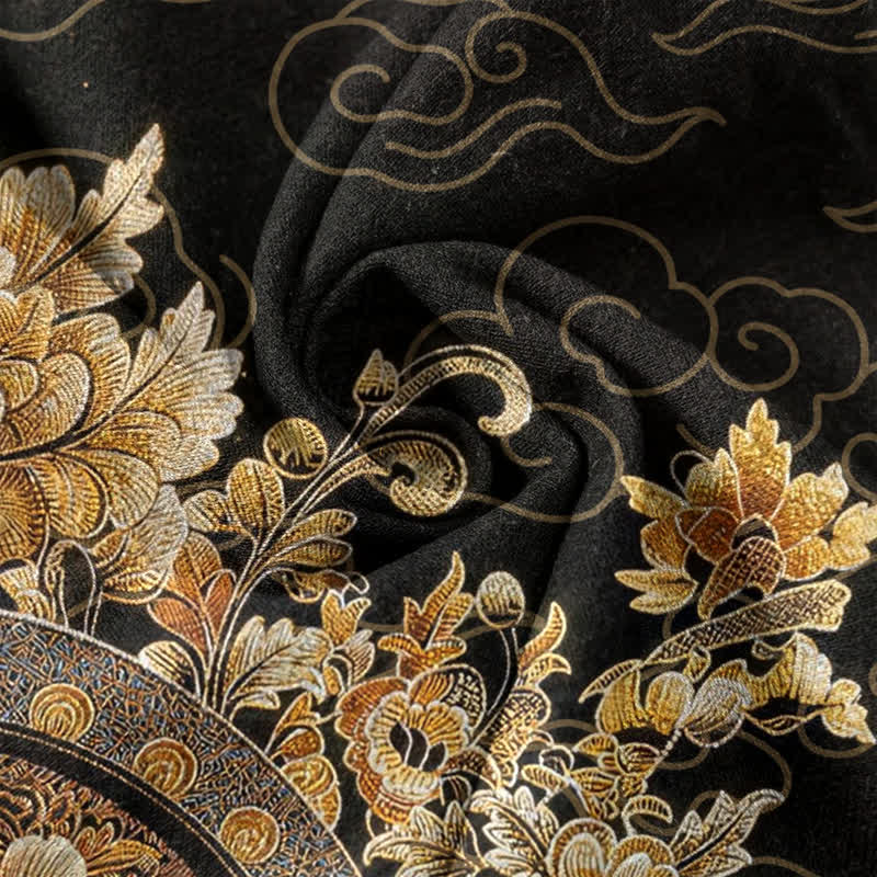 Buddha Stones Camisa de manga corta con medio botón para hombre, de algodón dorado con estampado floral de Buda. - image 4