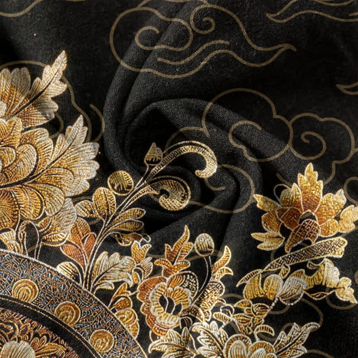 Buddha Stones Camisa de manga corta con medio botón para hombre, de algodón dorado con estampado floral de Buda. - image 4